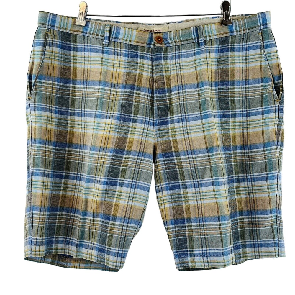 Mens 40 Tommy Bahama Linen Blend Bermuda Shorts Multicolor Plaid 10" Inseam Golf